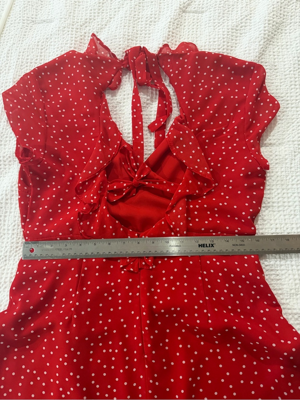 Red Polka Dot Ruffle Wrap Dress - Picture 11 of 11